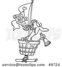 Cartoon Black and White Line Drawing of a Pirate in a Crows Nest by Toonaday