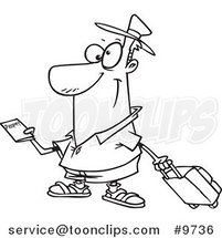 Cartoon Black and White Line Drawing of a Traveler Holding a Passport by Toonaday