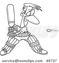 Cartoon Black and White Line Drawing of a Guy Playing Cricket by Toonaday