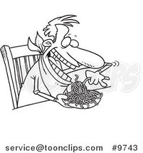 Cartoon Black and White Line Drawing of a Guy Eating Spaghetti at a Table by Toonaday