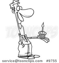 Cartoon Black and White Line Drawing of a Guy Holding a Birthday Cupcake by Toonaday