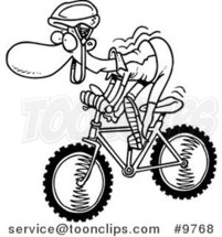 Cartoon Black and White Line Drawing of a Mountain Biker by Toonaday