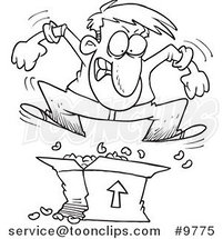 Cartoon Black and White Line Drawing of a Guy Jumping on Packing Peanuts in a Box by Toonaday