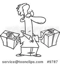 Cartoon Black and White Line Drawing of a Guy Stuck to His Packages by Toonaday