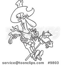 Cartoon Black and White Line Drawing of a Cowboy on a Stick Pony by Toonaday