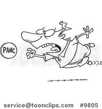 Cartoon Black and White Line Drawing of a Guy Rushing to Push a Panic Button by Toonaday