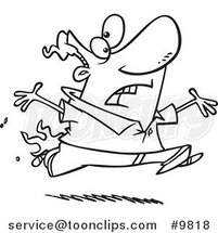 Cartoon Black and White Line Drawing of a Guy Running with His Pants on Fire by Toonaday