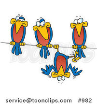 Cartoon Silly Bird Hanging Upside down on a Wire by His Friends by Toonaday