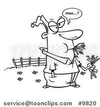 Cartoon Black and White Line Drawing of a Guy Eating Hay and Mooing in a Pasture by Toonaday