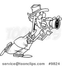 Cartoon Black and White Line Drawing of a Happy Photographer by Toonaday