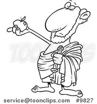 Cartoon Black and White Line Drawing of a Philosopher Holding an Apple by Toonaday