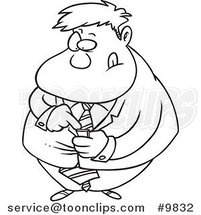 Cartoon Black and White Line Drawing of a Business Man Using a PDA by Toonaday