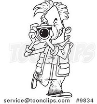 Cartoon Black and White Line Drawing of a Snappy Photographer by Toonaday