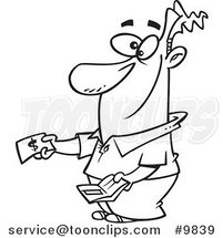 Cartoon Black and White Line Drawing of a Happy Guy Paying by Toonaday