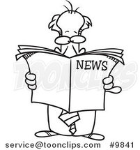 Cartoon Black and White Line Drawing of a Standing Business Man Reading the News by Toonaday