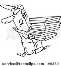 Cartoon Black and White Line Drawing of a Goofy Pizza Delivery Boy by Toonaday