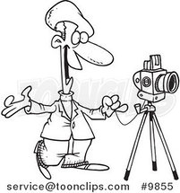 Cartoon Black and White Line Drawing of a Friendly Photographer by Toonaday
