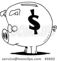 Cartoon Black and White Line Drawing of a Dollar Symbol on a Piggy Bank by Toonaday