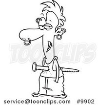 Cartoon Black and White Line Drawing of a Guy Pierced with a Nail by Toonaday