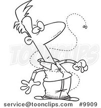 Cartoon Black and White Line Drawing of a Pesky Fly Bugging a Guy by Toonaday