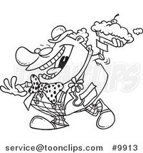 Cartoon Black and White Line Drawing of a Clown Throwing a Pie by Toonaday