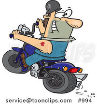 Cartoon Biker Riding a Blue Hog and Looking Back by Toonaday