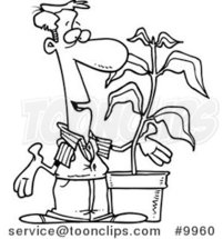 Cartoon Black and White Line Drawing of a Guy with a Potted Plant by Toonaday
