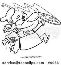 Cartoon Black and White Line Drawing of a Happy Pizza Maker by Toonaday