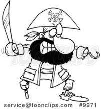 Cartoon Black and White Line Drawing of a Tough Pirate with a Sword by Toonaday