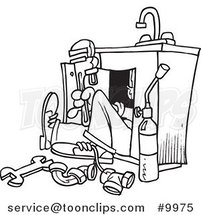 Cartoon Black and White Line Drawing of a Plumber Under a Sink by Toonaday