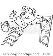 Cartoon Line Art Design of a Window Cleaner Leaning Far over a Ladder by Toonaday
