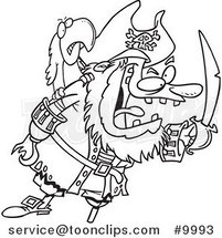 Cartoon Black and White Line Drawing of a Tough Pirate and Bird by Toonaday