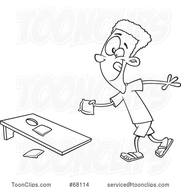 Black and White Cartoon Boy Playing Cornhole