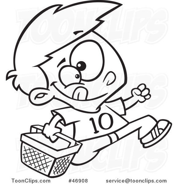 Black and White Cartoon Boy Running with an Easter Basket