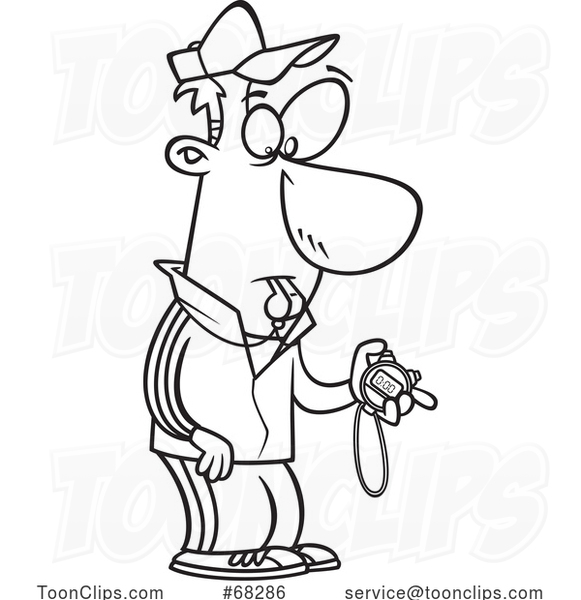 Black and White Cartoon Coach or PE Teacher with a Whistle and Timer