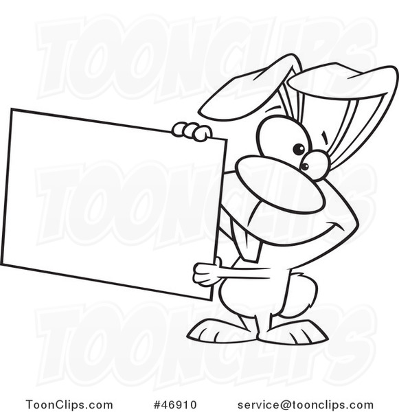 Black and White Cartoon Easter Bunny Rabbit Holding a Sign