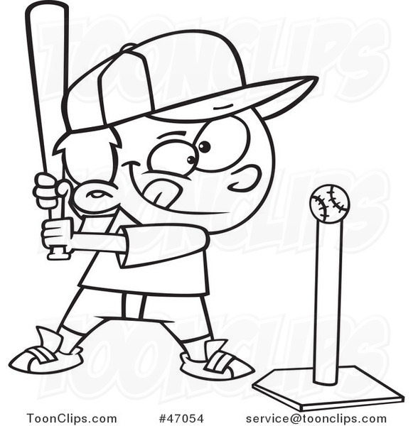 Black and White Cartoon Focused Boy Batting a Tee Ball