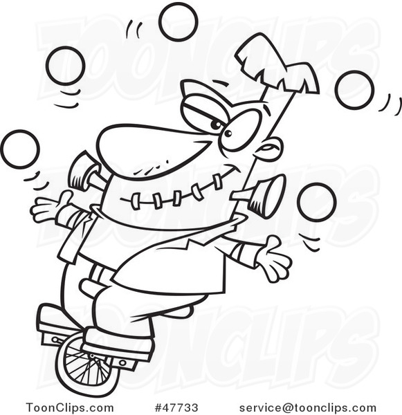 Black and White Cartoon Frankenstein Juggling and Riding a Unicycle