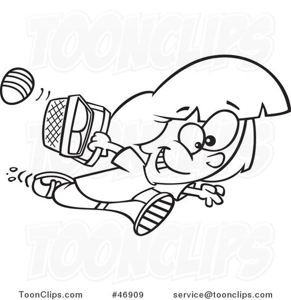 Black and White Cartoon Girl Running with Eggs in an Easter Basket