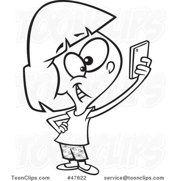 Black and White Cartoon Girl Taking a Selfie with Her Cell Phone #47622 by  Ron Leishman
