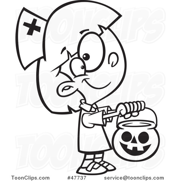 Black and White Cartoon Girl Trick or Treating in a Nurse Halloween Costume
