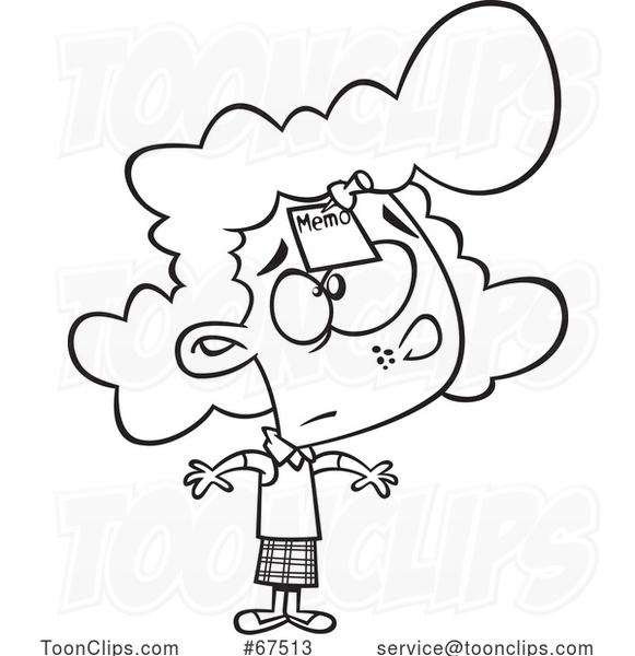 Black and White Cartoon Girl with a Memo on Her Forehead