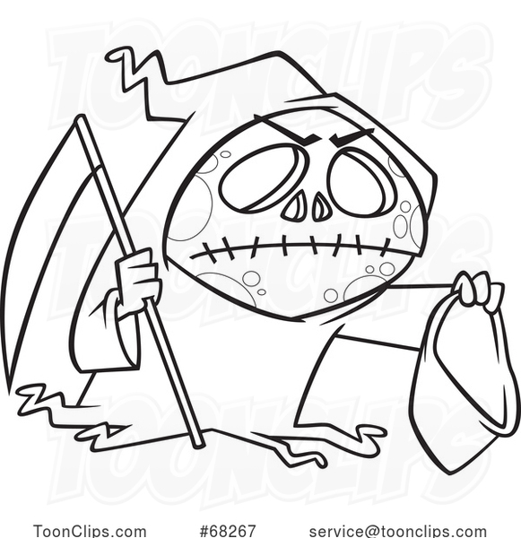 Black and White Cartoon Grim Reaper Holding a Bag
