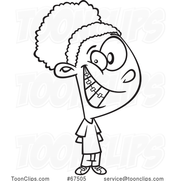 Black and White Cartoon Grinning Girl with Braces