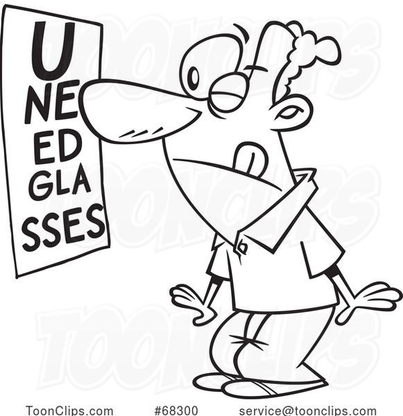 Black and White Cartoon Guy Squinting to Read an Eye Chart