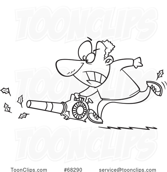 Black and White Cartoon Guy Using a Powerful Leaf Blower
