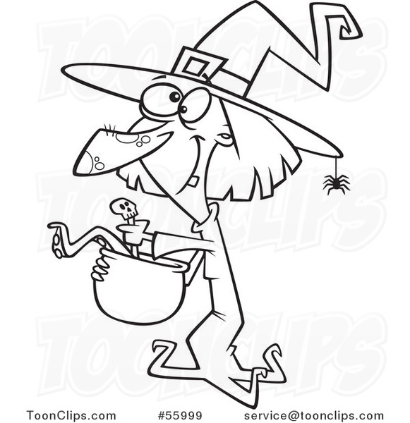 Black and White Cartoon Halloween Witch Making Soup