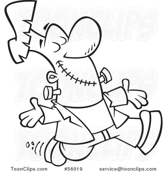 Black and White Cartoon Happy Frankenstein Walking with His Arms Open