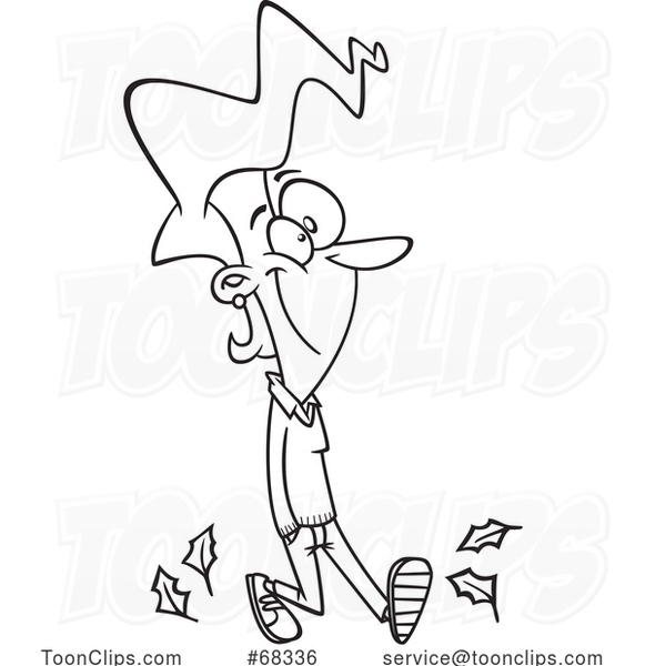 Black and White Cartoon Happy Lady Taking a Walk in Autumn