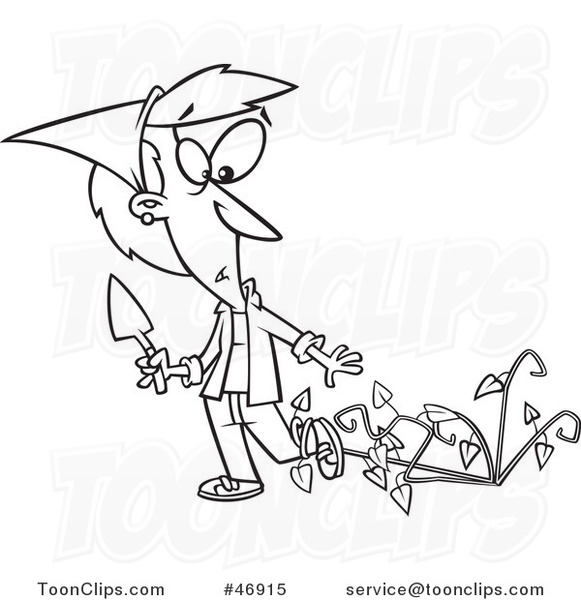 Black and White Cartoon Lady Being Attacked by Bad Weeds